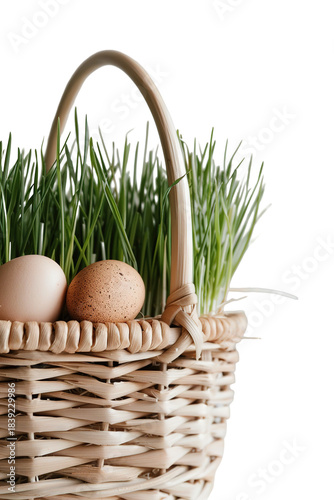 A basket filled with plain grass is set against a transparent background. The basket has a curved handle and contains eggs, emphasizing the grass filler