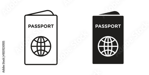 Passport icons in line designs. solid silhouette style in black