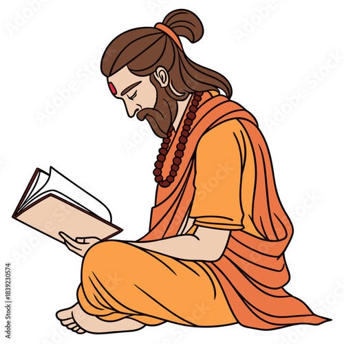 A serene illustration of a Hindu sadhu in saffron robes, sitting cross-legged with eyes closed in meditation, reading an open scripture, adorned with a rudraksha mala and tilak on his forehead.