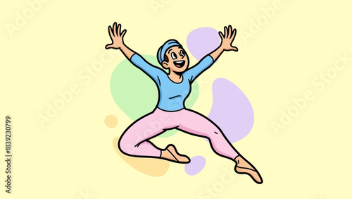 Joyful woman dancing energetically in a colorful abstract background, embodying happiness and freedom