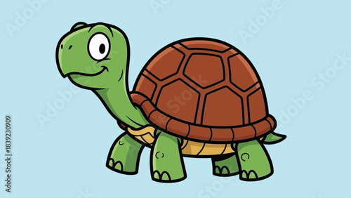 Cartoon turtle smiling cheerfully against a light blue background, showcasing playful charm