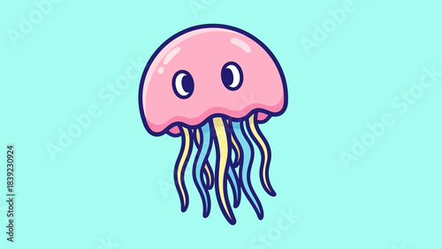 Playful pink jellyfish swimming in a vibrant blue ocean background, showcasing its tentacles