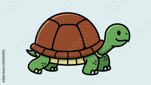Cartoon turtle with a brown shell and green body, smiling against a light background