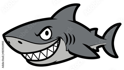 Cartoon shark with a mischievous grin swimming in a vibrant ocean background