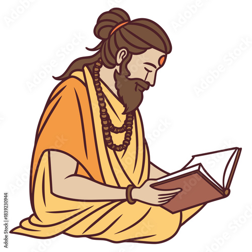 Illustration of a bearded Indian sage in saffron robes, seated cross-legged and reading a book, symbolizing wisdom and spiritual learning.