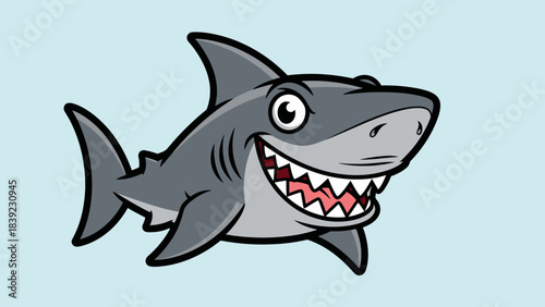 Cartoon shark swimming playfully in a light blue ocean background, ideal for children's media