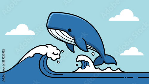 A blue whale gracefully leaps above ocean waves under a clear sky with fluffy clouds