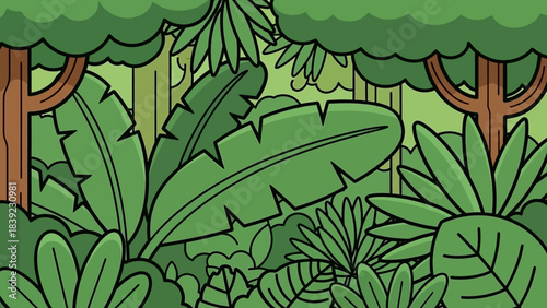 Lush Green Jungle Scene with Dense Foliage and Tropical Plants Surrounded by Trees