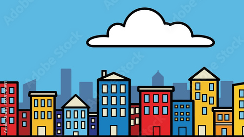 Colorful city skyline illustration with buildings, blue sky, and a white cloud in the background