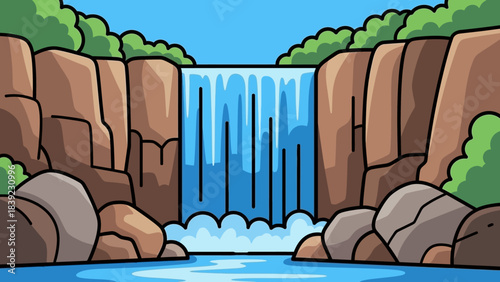 Serene waterfall cascading over rocky cliffs surrounded by lush greenery under a clear sky