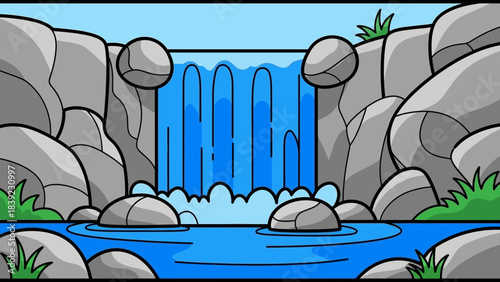 A serene waterfall cascading over rocks into a tranquil pool surrounded by lush greenery