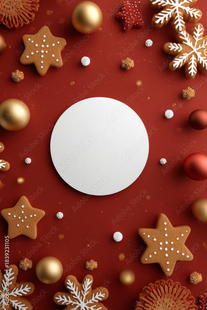 Fototapeta premium Warm-toned festive border of cookies, baubles, and snowflakes forming a circular focal point in vertical orientation