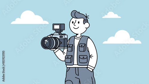 Young photographer holding a camera in a blue sky with clouds, ready to capture moments
