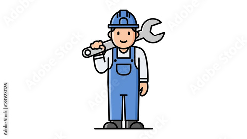 Cartoon construction worker holding a wrench, smiling, in a simple illustrated style