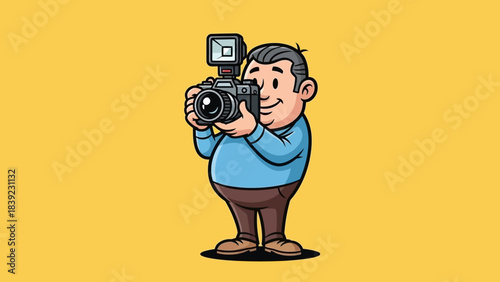 Cartoon character holding a camera, smiling at the viewer against a bright yellow background