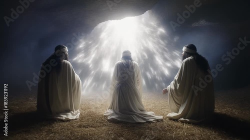 Spiritual figures in robes illuminated by a bright divine light.