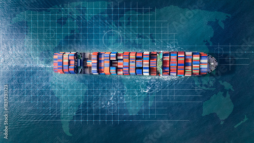 Aerial top view containers ship cargo business commercial logistic and transportation international import export by container freight cargo ship in the open seaport show ocean network on map