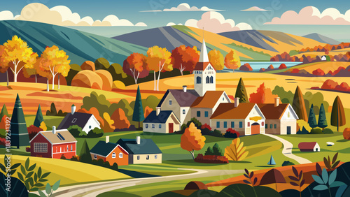 Very beautiful panoramic view of Topsham village, Vermont, with rustic homes, vibrant fall forests, and gentle rolling hills creating a tranquil countryside scene under clear soft daylight.