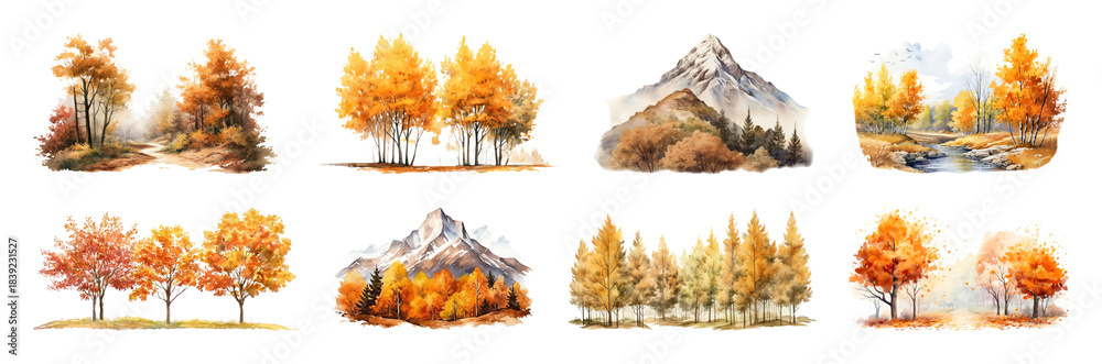 Obraz premium Autumn landscapes watercolor illustrations