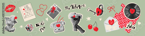 Retro paper cut collage elements for Valentine’s Day. Trendy vintage stickers perfect for cards, banners, scrapbooking, and romantic graphic design projects.