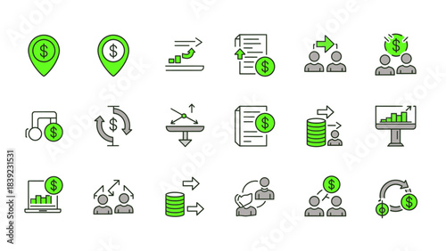 A comprehensive set of financial and business icons depicting money transactions, growth, data analysis, and investment concepts.