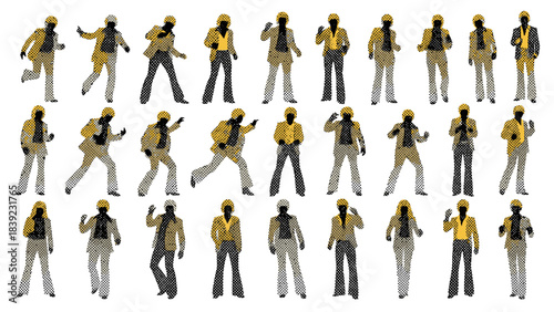 Stylized collection of disco dancers in 70s fashion, showing various movements and poses on a white background.