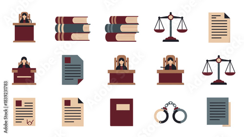 Collection of law and justice icons featuring judges, legal books, scales, documents, and handcuffs on a white background.