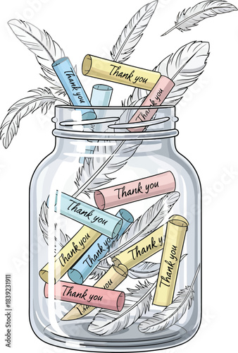 Flat 2D glass jar icon filled with floating feather thank-you notes for gratitude themed designs