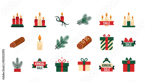 A collection of festive Christmas holiday elements including lit candles, green pine branches, wrapped gift boxes, sale banners, and cinnamon sticks on a white background.