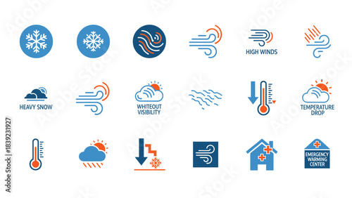 Weather and emergency preparedness icons depicting various conditions like snow, wind, heavy snow, whiteout visibility, temperature changes, and emergency warming centers.