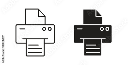 Print button icons in line designs. solid silhouette style in black