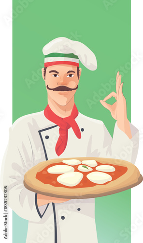A pizza maker with a mustache presents a pizza