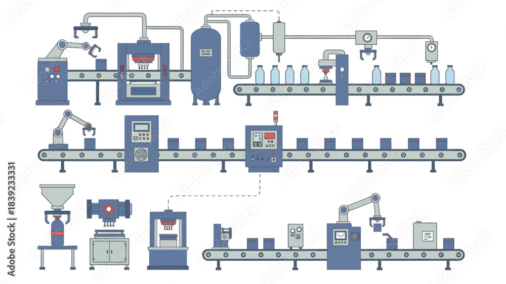 Naklejka premium Industrial manufacturing process with machinery and conveyor belts on white background