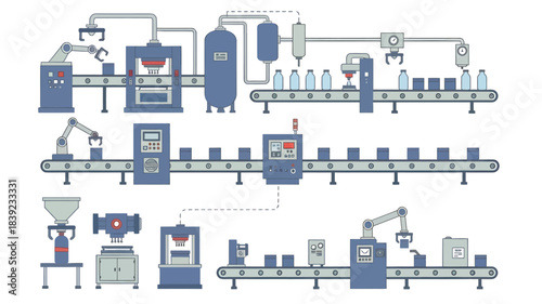 Industrial manufacturing process with machinery and conveyor belts on white background