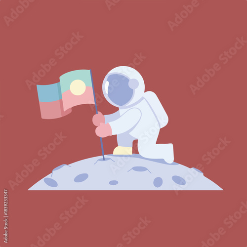 An illustration depicts an astronaut in a white suit kneeling on a cratered moon surface, planting a colorful flag with a yellow sun emblem.