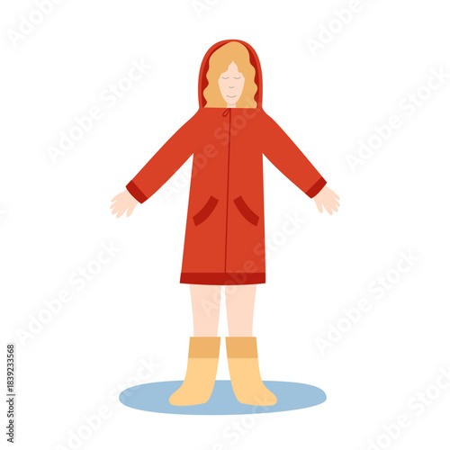 Woman in raincoat and rubber boots flat vector illustration