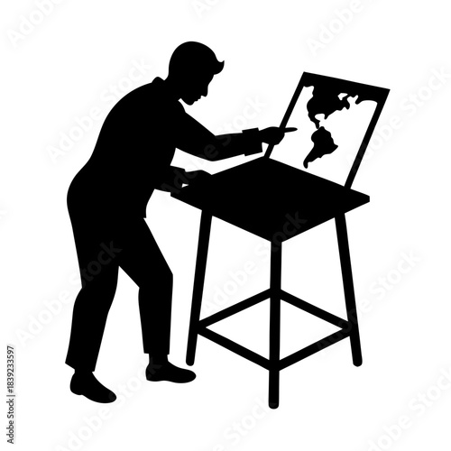 Artist creates a work showing a map on an easel using a brush to add detail to the design during an art session in a studio