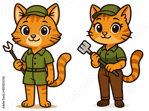Adorable cartoon cats dressed for gardening with tools in their paws during a sunny day