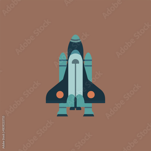 A flat graphic illustration of a stylized space shuttle in shades of blue and teal with orange details, set against a solid brown background.