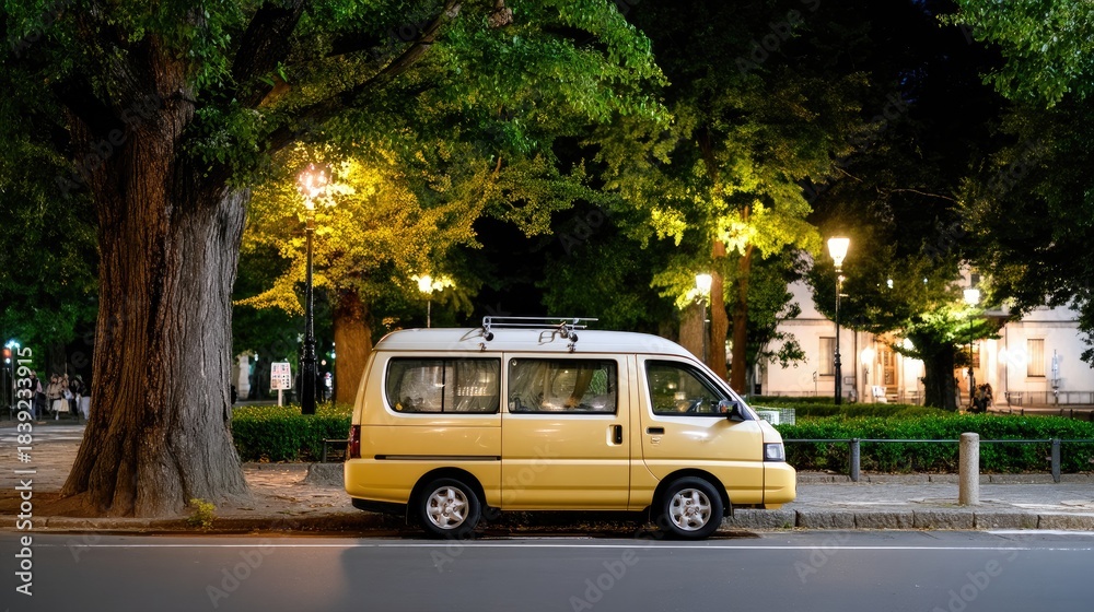 Fototapeta premium A classic yellow van is parked with bags on the roof, surrounded by modern buildings, illuminated by city lights at night