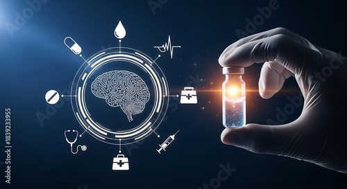 Wallpaper Mural Medical advancements and technological integrations in healthcare concept showing brain circuits and medicine vial held by hand Torontodigital.ca