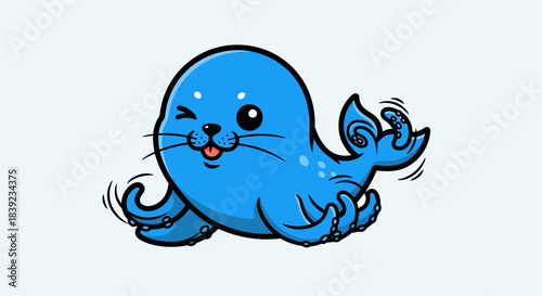Adorable cartoon blue seal winking and smiling with playful expression.