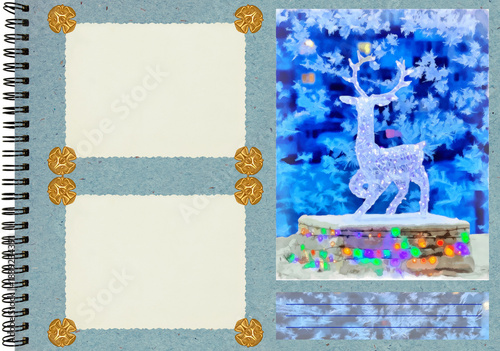 Photo album page for stories. Scrapbooking composition with Christmas and New Year theme. Watercolor deer made of garlands.Photo album layout with empty photo frames. Festive design.