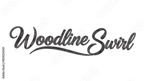 A stylized black cursive script logo reading 'Woodline Swirl' with a flowing underline, set against a clean and pure white background, showcasing elegant typography