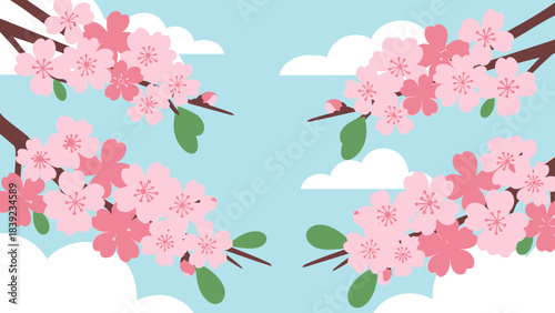 A beautiful illustration of cherry blossom branches against a bright blue sky with fluffy white clouds.