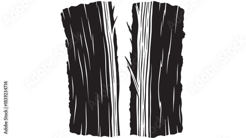A detailed black and white illustration of a tree trunk with a large crack running down its center, set against a pure white background