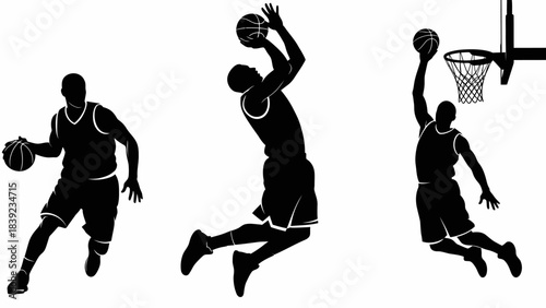 Silhouettes of three basketball players in action on a white background, showcasing dribbling, dunking, and shooting.