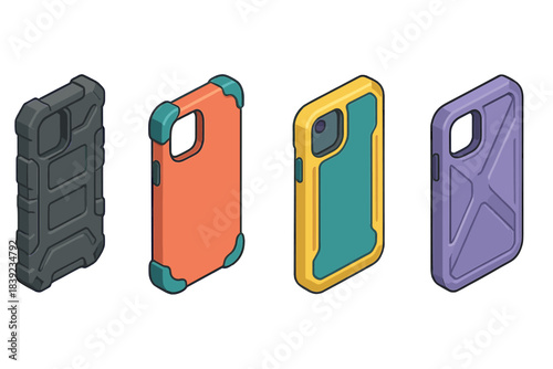 Stylish 3D Case Icons. Durable Case Designs flat isometric set: rugged outer layer, cushioned corner pad, reinforced back plate.
