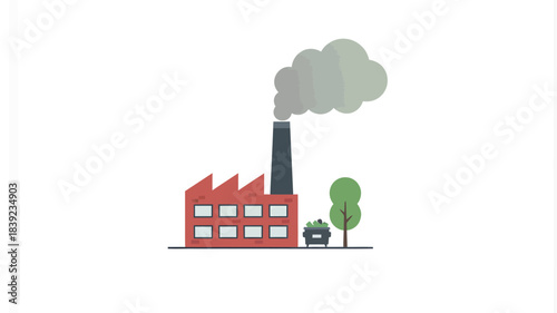 Flat illustration of a red factory with a smokestack and tree against a white background.