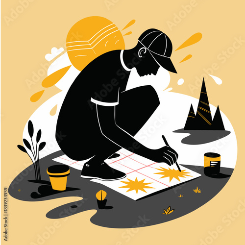 Person draws with colors on paper during the day in an outdoor setting with a sunset background